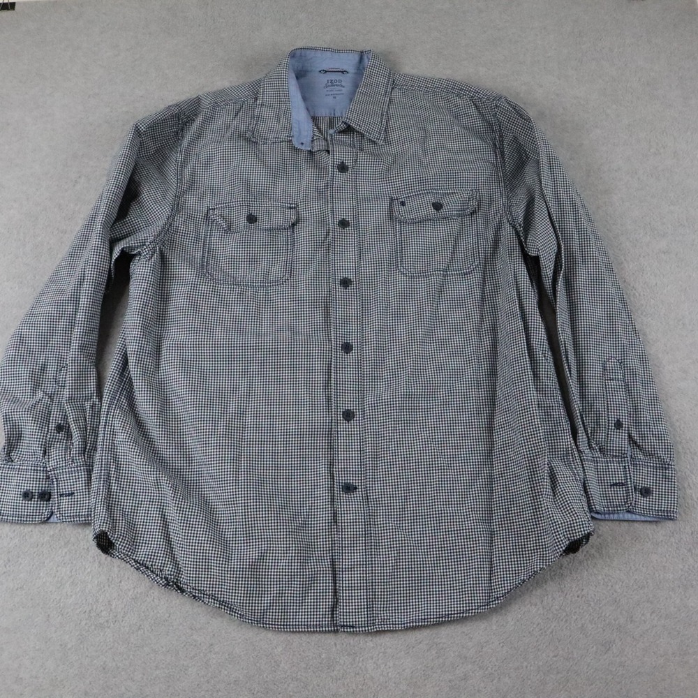 IZOD Saltwater Shirt Mens XL Flap Pocket Button Up Dark Blue Gingham Long Sleeve